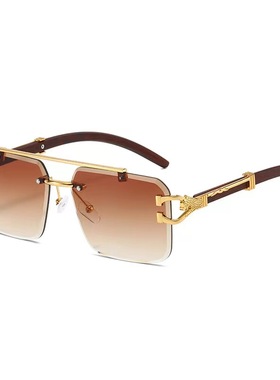 双梁切边方形太阳眼镜欧美复古时尚个性无框木纹豹子设计墨镜女潮