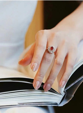 宝缘小众精工珍宝镀金色金锆石复古宫廷大气红锆石戒指影楼手饰品