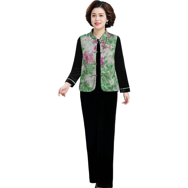 官方正品妈妈秋装金丝绒套装中老年春秋马甲外套端庄大气国风上衣 - 图3