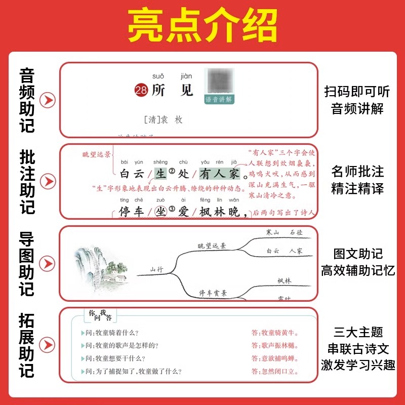 一本必背古诗文 小学生必背古诗文129篇1-6年级 全国通用 小学古诗文文言文大全 小学语文必背古诗词 扫码音频 批注 导图 拓展助记