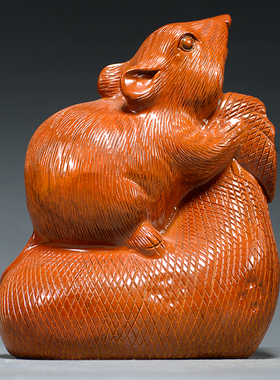 花梨实木质雕刻十二生肖老鼠钱袋摆件家居客厅玄关装饰红木工艺品