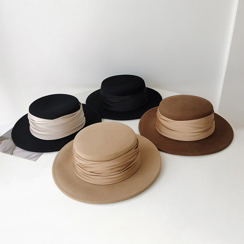 褶皱绸缎平檐羊毛呢礼帽女秋冬英伦复古显脸小毡帽优雅爵士帽子潮,淘宝优惠券,粉丝福利购,淘宝优惠卷