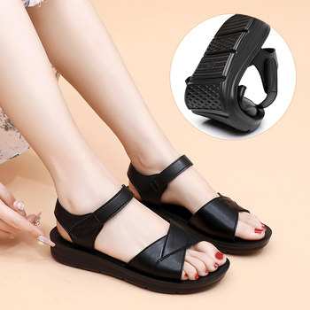 Mom Sandals Women's Summer Genuine Leather Soft Sole 2024 New Flat Bottom Women Middle-aged Women's Middle-aged and Elderly Comfortable Grandma