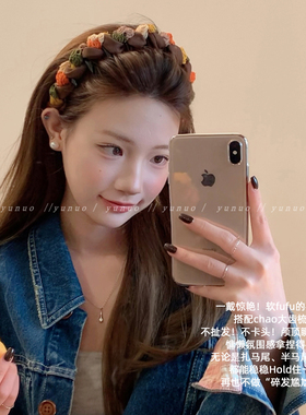 秋冬复古拼色布艺缠绕带齿发箍女