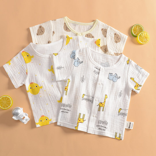 儿童夏季超薄柔软吸汗宝宝纱布短袖开衫上衣婴幼儿家居睡衣空调衣