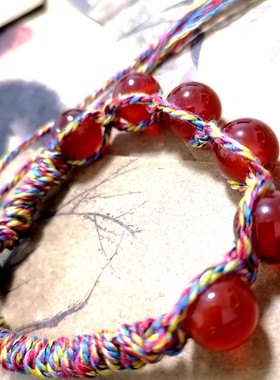 貔貅阁珠宝 原野 天然红玛瑙水晶大珠手作简朴棉绳编织手链