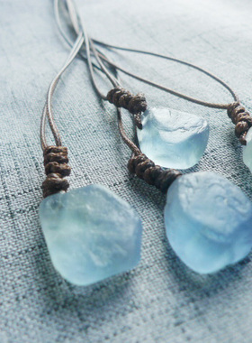 貔貅阁珠宝酷似浅蓝绿碧玺 天然浅蓝绿萤石原石手作蜡绳吊坠