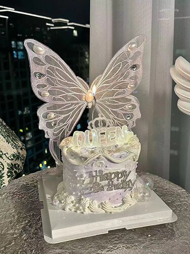 抱抱酱同款小仙女蛋糕装饰白色紫色手工刺绣蝴蝶带灯生日烘焙插件 - 图3