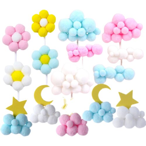 毛球云朵蛋糕装饰摆件白云月亮星星小花10个装烘焙插件插牌配件 - 图3