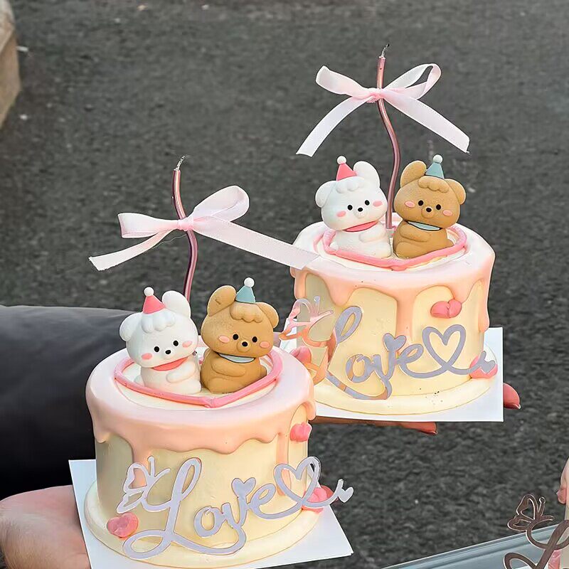 2.14情人节卡通情侣修狗蛋糕装饰摆件love爱心亚克力情侣告白插件