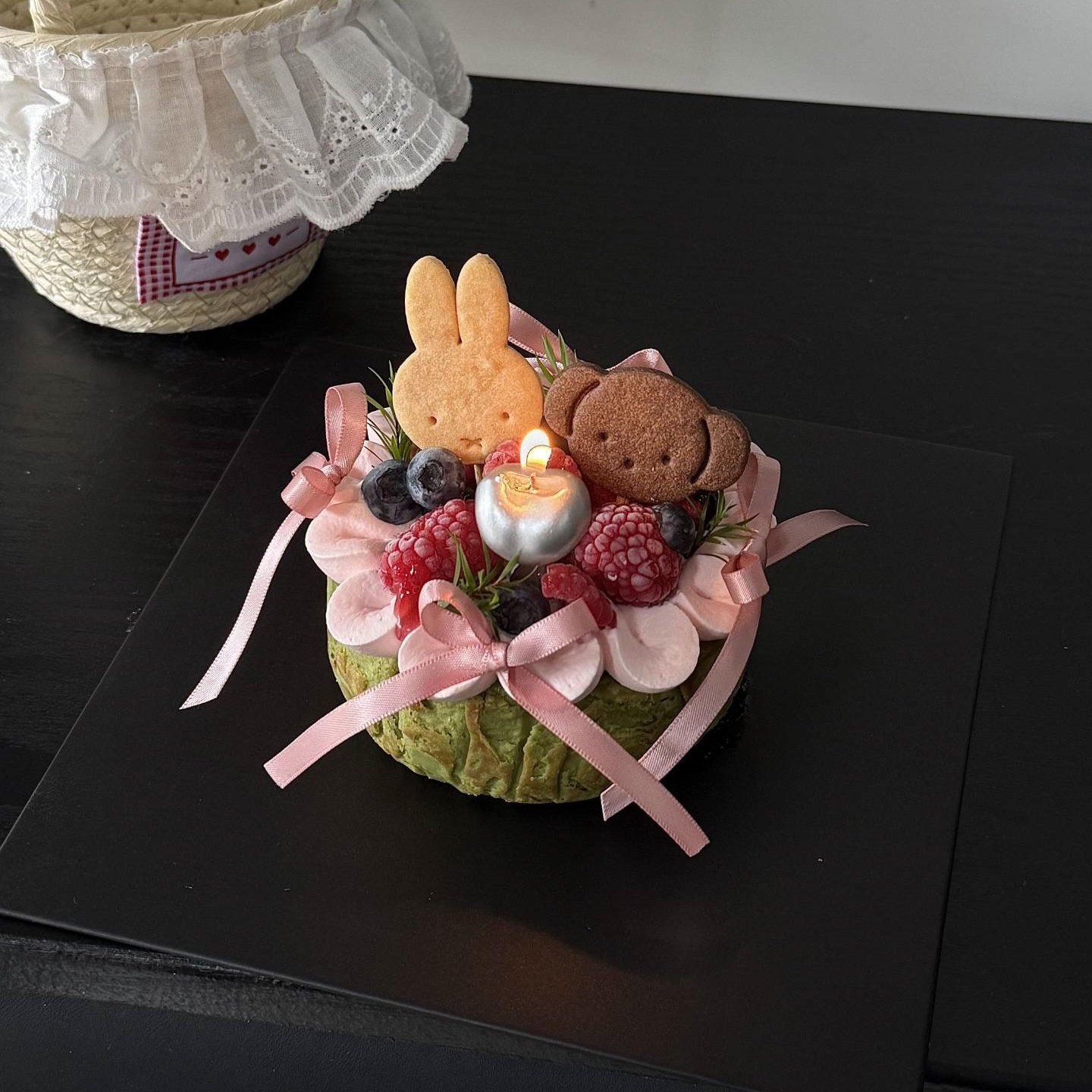 网红米菲熊兔饼干巴斯克蛋糕装饰摆件银色樱桃蜡烛生日装扮插件,淘宝优惠券,粉丝福利购,淘宝优惠卷