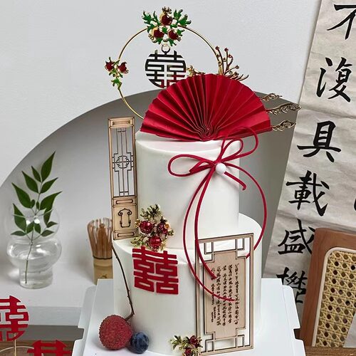 新中式结婚订婚蛋糕装饰摆件古风折扇屏风银杏叶喜字婚礼甜品插件 - 图3