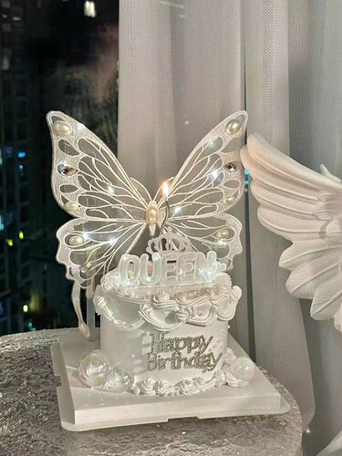 抱抱酱同款小仙女蛋糕装饰白色紫色手工刺绣蝴蝶带灯生日烘焙插件 - 图1