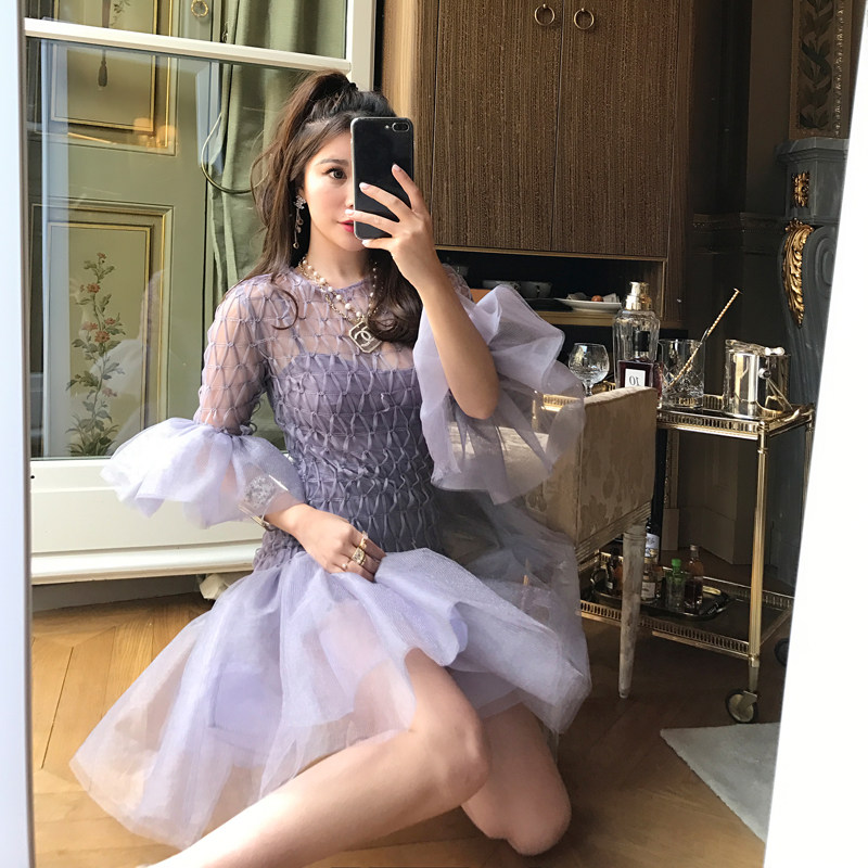 forevercan夏季新款 温柔网纱拼接格子连衣裙女喇叭袖显瘦仙女裙,淘宝优惠券,粉丝福利购,淘宝优惠卷