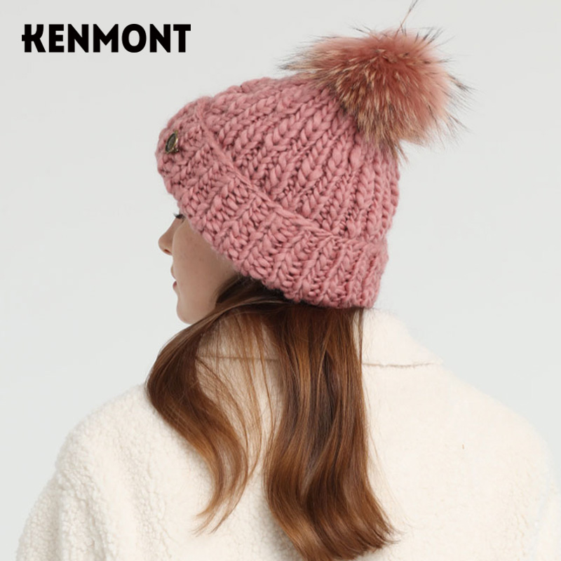Kenmont卡蒙羊毛帽子女冬 保暖针织毛线帽貉子毛粗针织毛线帽时尚