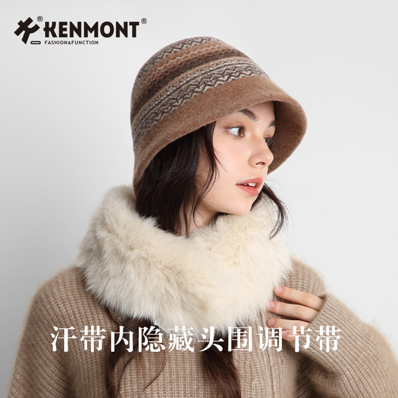 Kenmont卡蒙秋冬新款毛呢渔夫帽女时尚气质羊毛水桶帽子日系潮牌