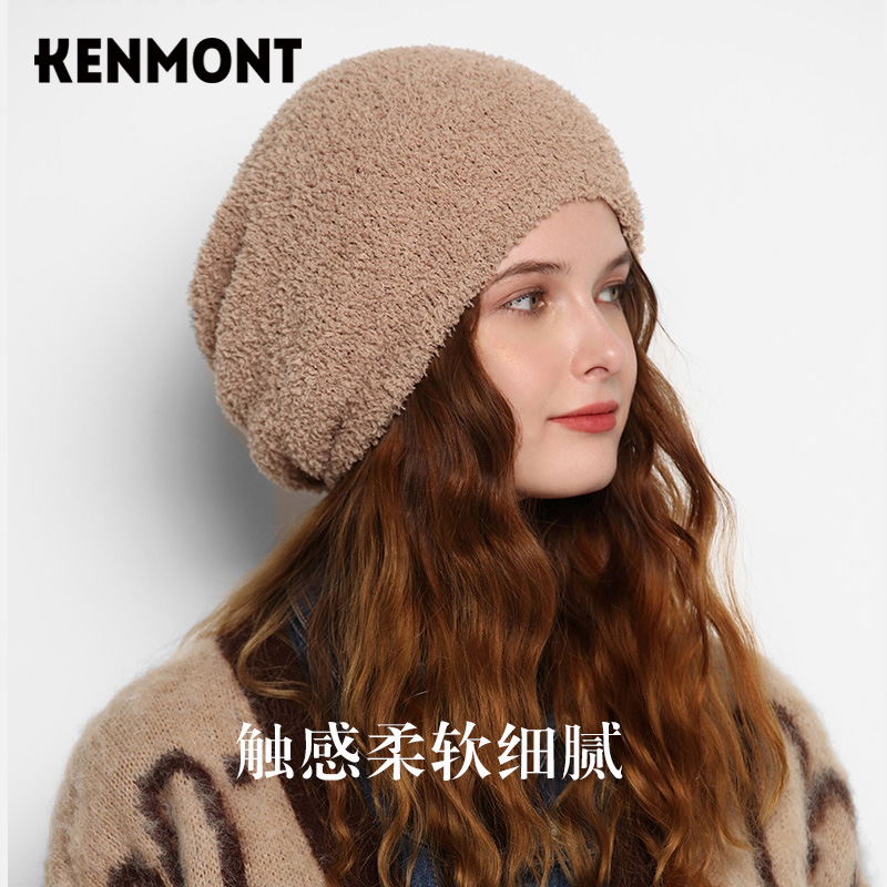 Kenmont卡蒙黑色堆堆帽 ins风大头围圆顶套头帽冬天毛绒帽显脸小