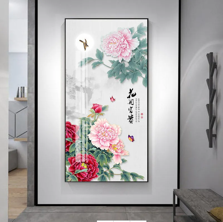 牡丹花开富贵入户玄关装饰画走廊过道尽头背景墙挂画新中式墙壁画