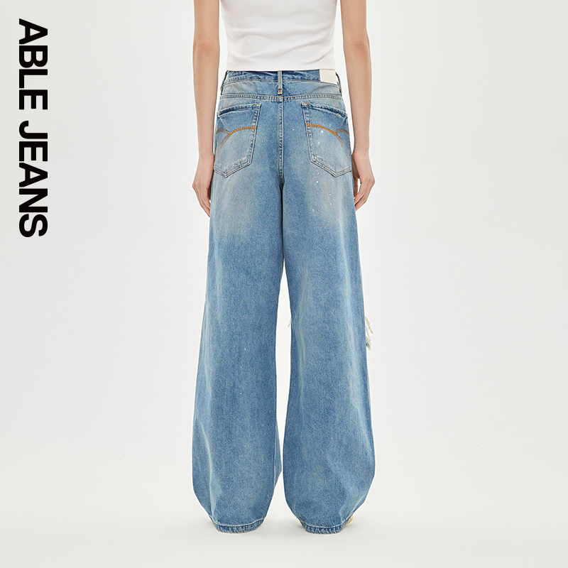 ABLE JEANS【拖地裤】女士潮流显瘦破洞宽松直筒牛仔裤 - 图3