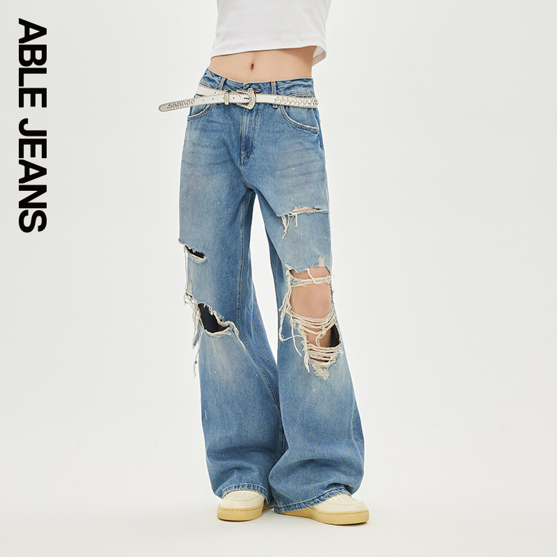 ABLE JEANS【拖地裤】女士潮流显瘦破洞宽松直筒牛仔裤 - 图1