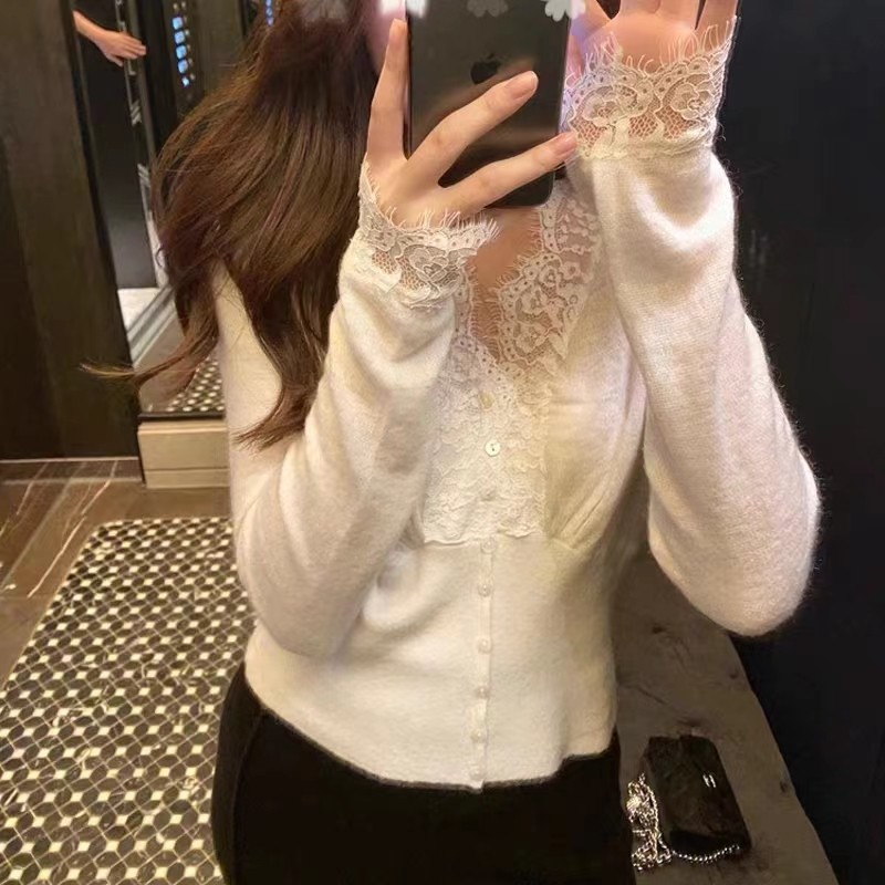 白色蕾丝小衫网纱打底衫女春秋冬大码胖妹妹毛衣内搭洋气法式上衣,淘宝优惠券,粉丝福利购,淘宝优惠卷