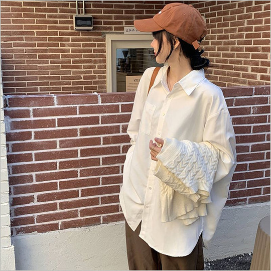 大码胖妹妹叠穿衬衫女春秋冬设计感小众内搭打底衬衣长袖上衣外套