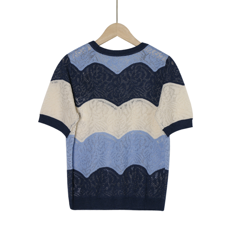 【D玛纳】简约百搭线衫拼接撞色镂空设计时尚气质修身短袖DMA526 - 图0