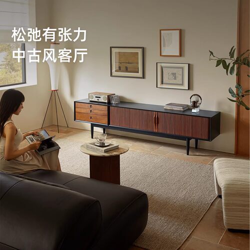 木居盛时慢法式中古落地电视柜复古实木客厅一体组合收纳储物柜 - 图3
