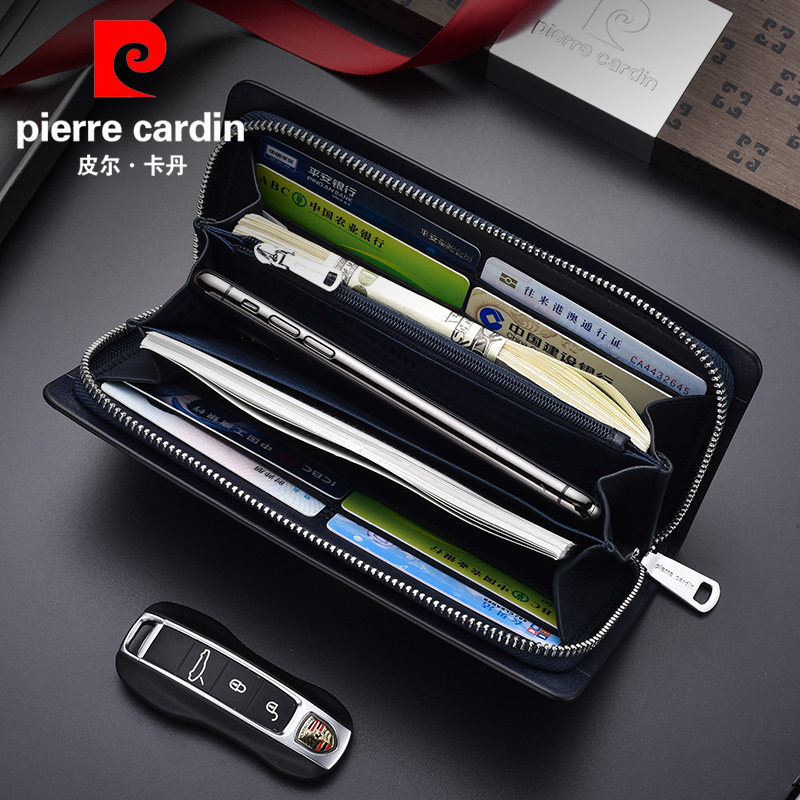 皮尔卡丹长款牛皮拉链男士潮手机包 麦带箱包钱包