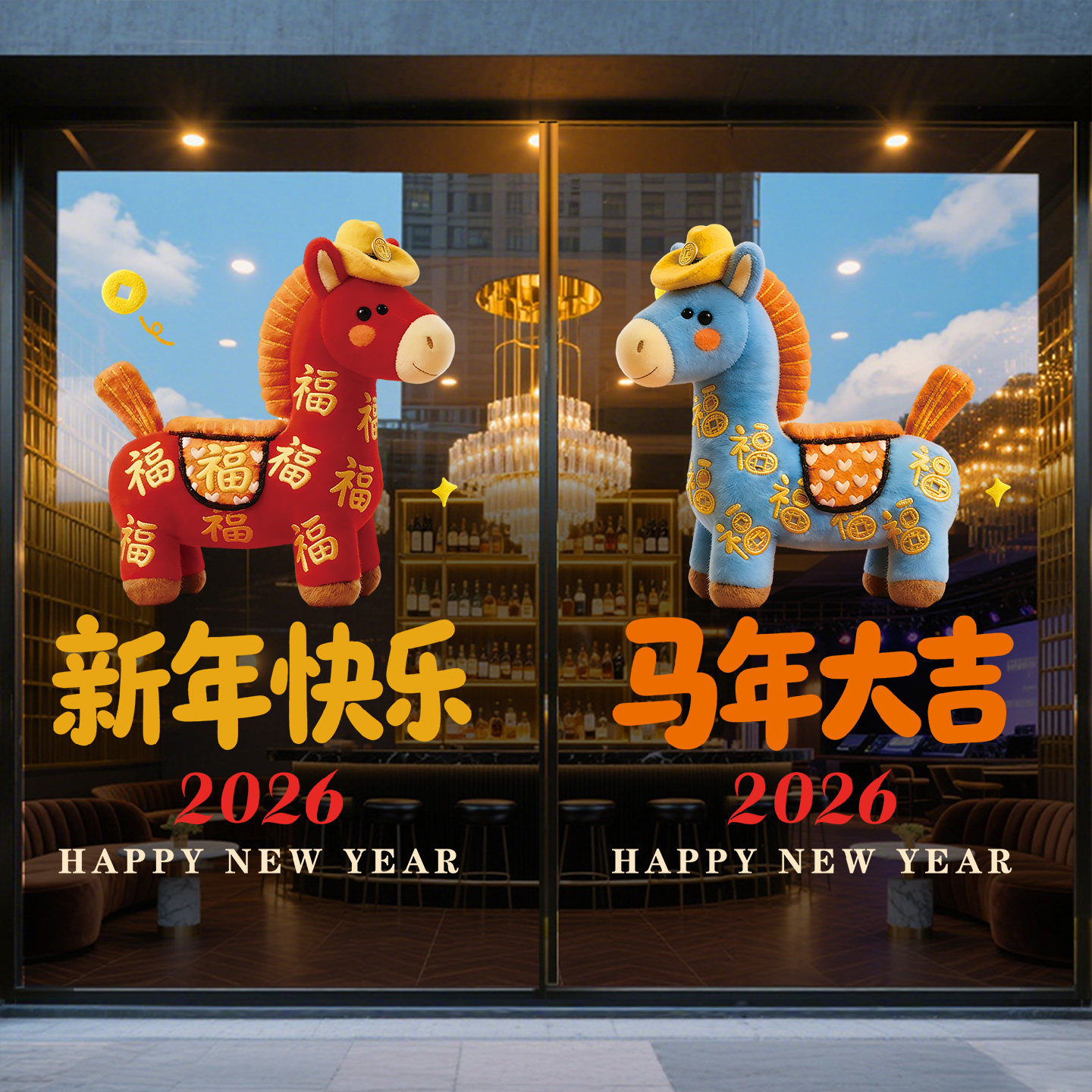 马年门贴过年氛围布置橱窗装饰玻璃贴纸2026贺年静电贴画新年窗花,淘宝优惠券,粉丝福利购,淘宝优惠卷