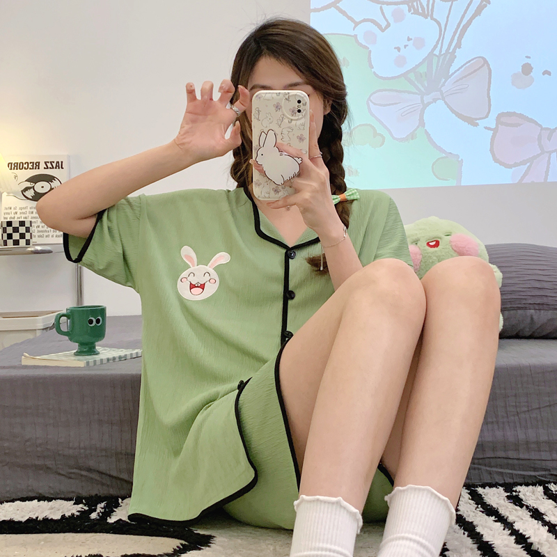 睡衣女款夏季纯棉大码宽松胖mm200斤夏天薄款短袖开衫家居服套装 - 图2