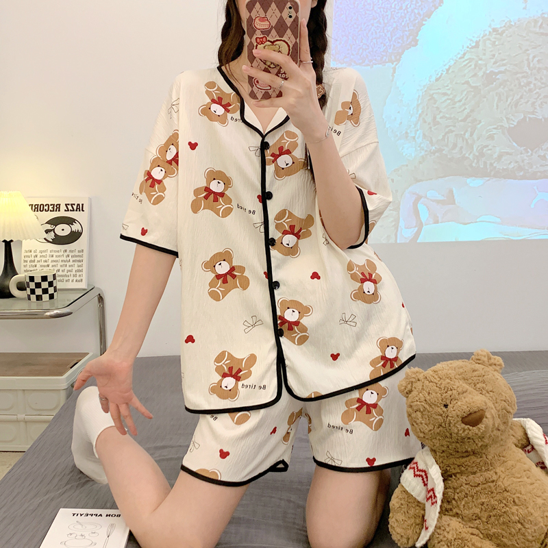 睡衣女款夏季纯棉大码宽松胖mm200斤夏天薄款短袖开衫家居服套装 - 图1