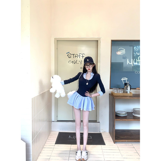 项天鹅er 假两件长袖连衣裙女2025秋季新款a字裙衬衫裙拼接裙子