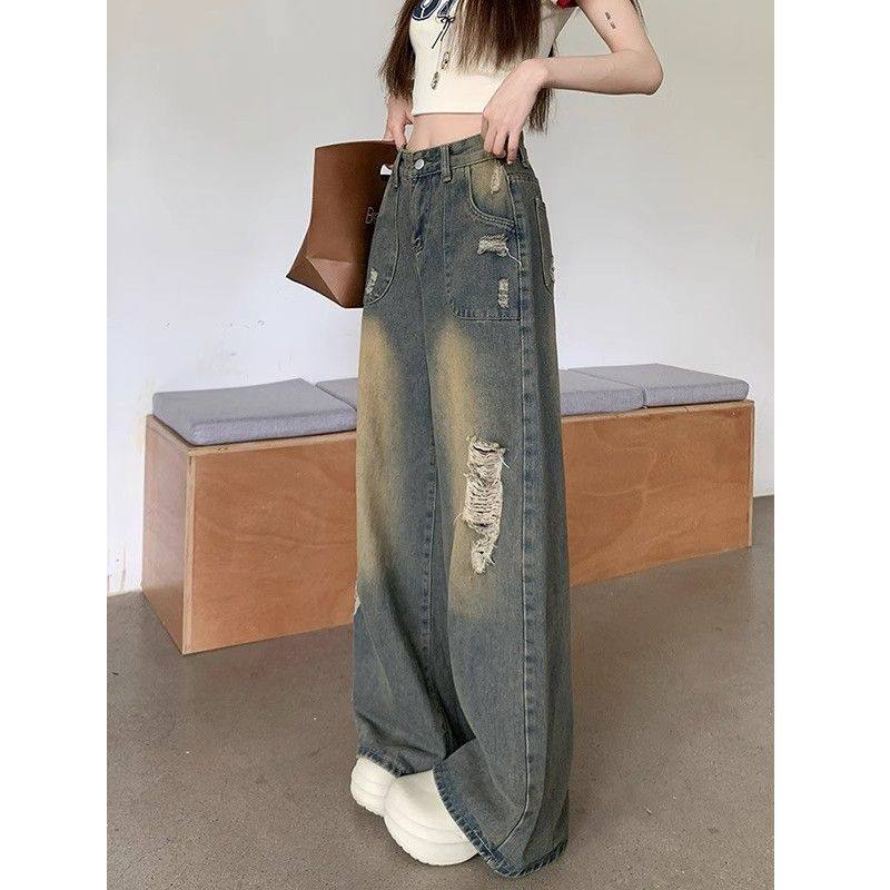 美式复古做旧破洞牛仔裤女2025年春夏季新款高腰直筒宽松阔腿裤子,淘宝优惠券,粉丝福利购,淘宝优惠卷
