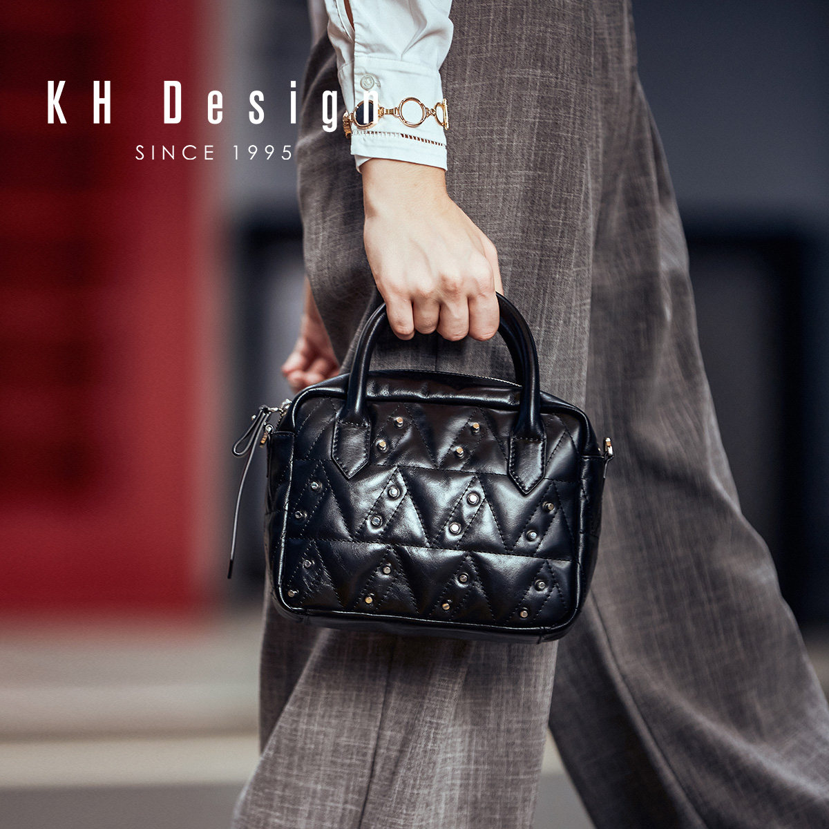 kh铆钉车线菱格波士顿手提单肩包 khdesign女士包袋