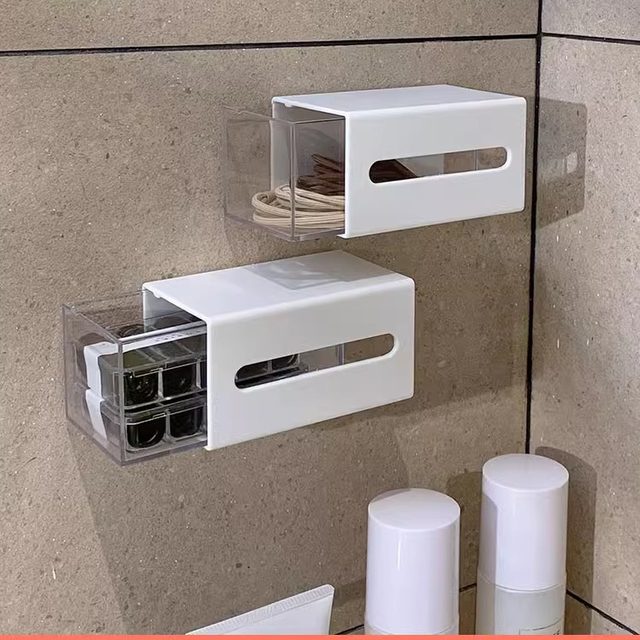 Wall-mounted bathroom cotton swab flap storage box head rope hair ring lipstick transparent drawer cotton debris box