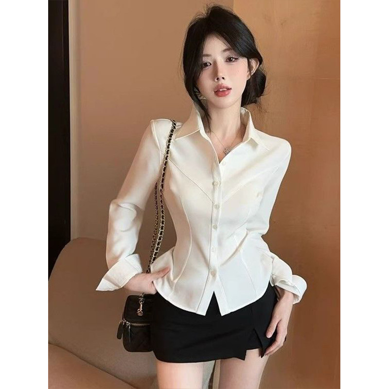 法式御姐气质POLO领修身长袖衬衫jk制服女秋冬收腰感小众职业衬衣,淘宝优惠券,粉丝福利购,淘宝优惠卷