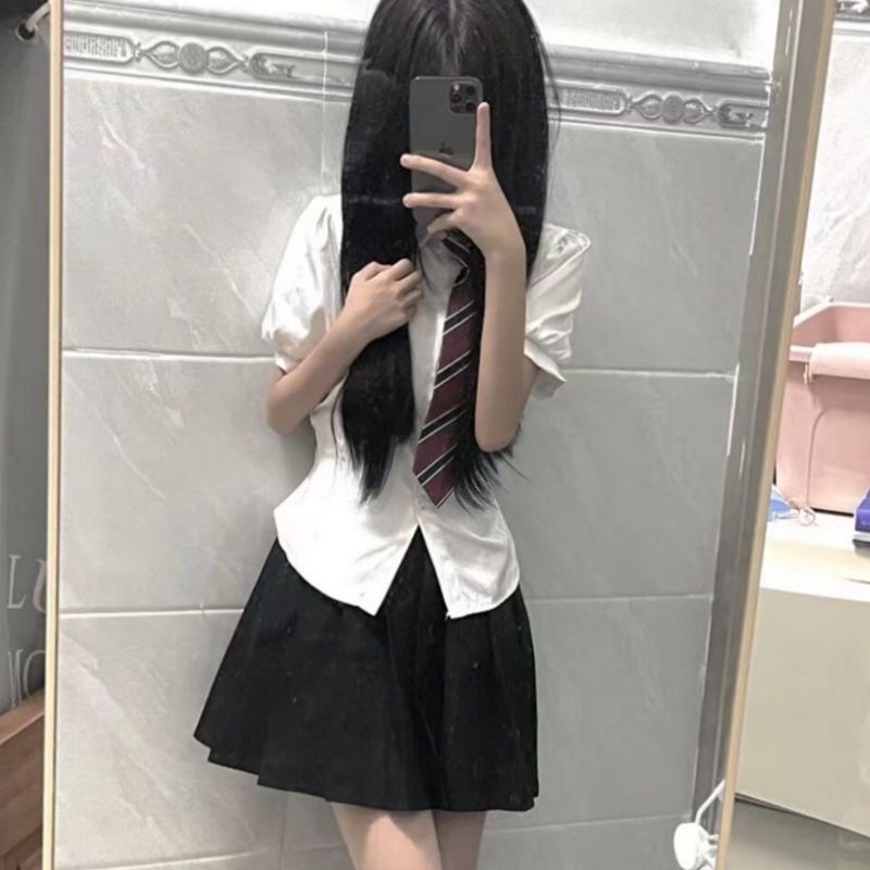 【套装】甜辣学院风jk制服衬衫女收腰显瘦制服衬衣设计感别致上衣-图1