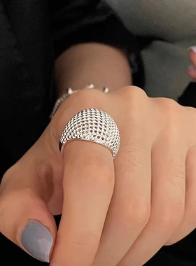 酷飒中性风戒指女镂空网格气质个性S925镀银开口指环ins风食指戒