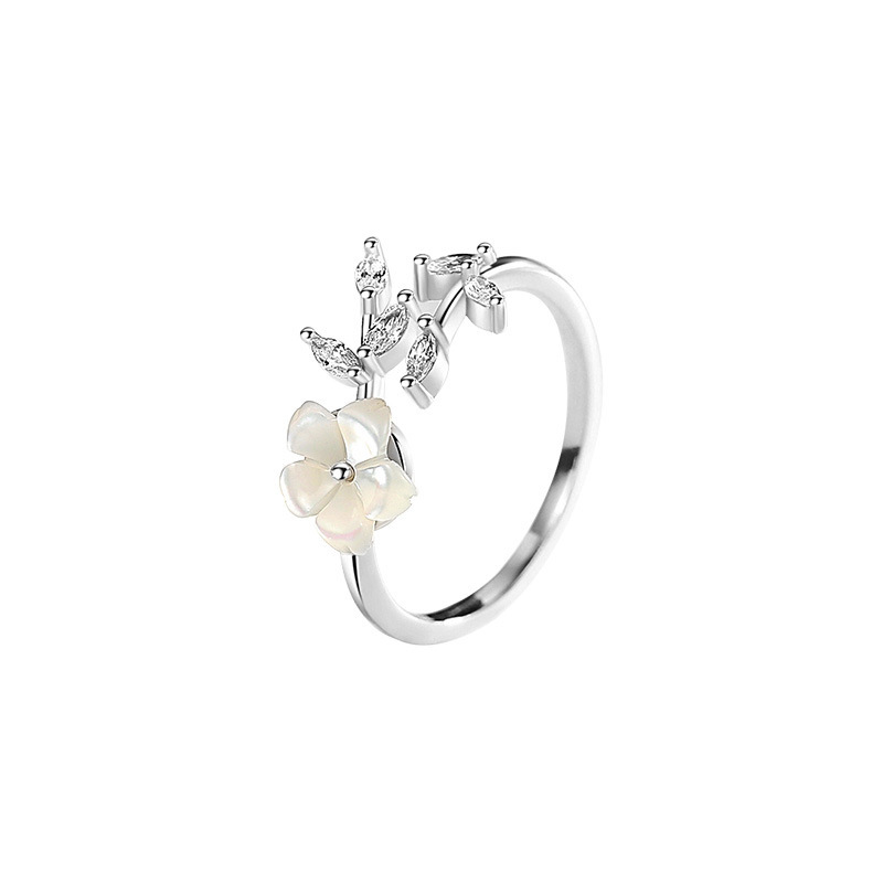 小清新甜美气质贝壳花朵开口戒指女ins小众设计感锆石树叶食指环