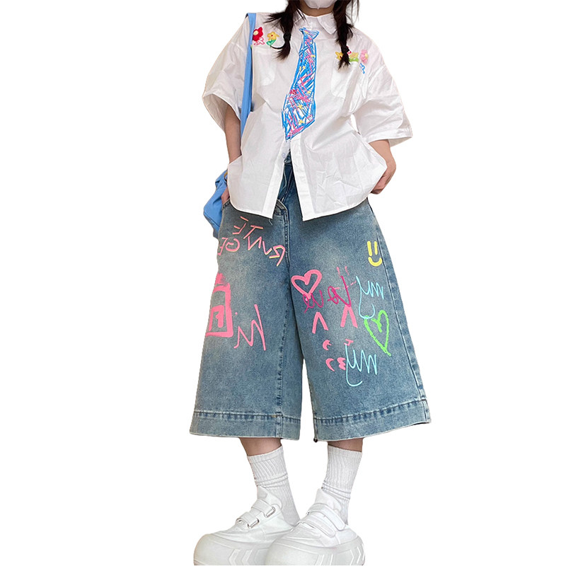 PMORH美式涂鸦设计感牛仔七分裤女2026秋冬新款宽松直筒阔腿中裤,淘宝优惠券,粉丝福利购,淘宝优惠卷