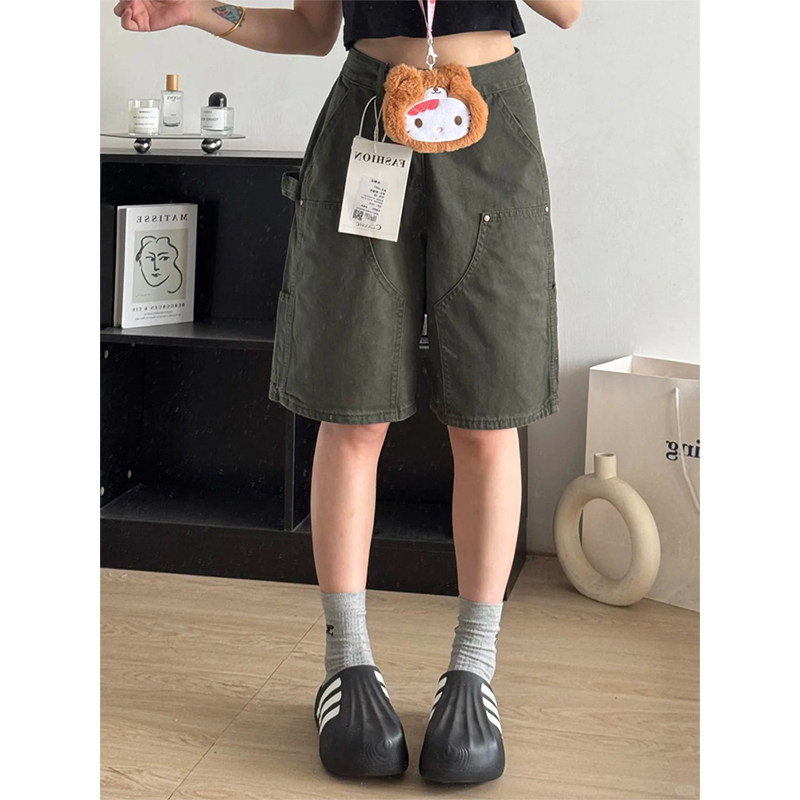 PMORH美式军绿色复古弯刀牛仔裤女2026秋冬新款小个子显瘦五分裤,淘宝优惠券,粉丝福利购,淘宝优惠卷