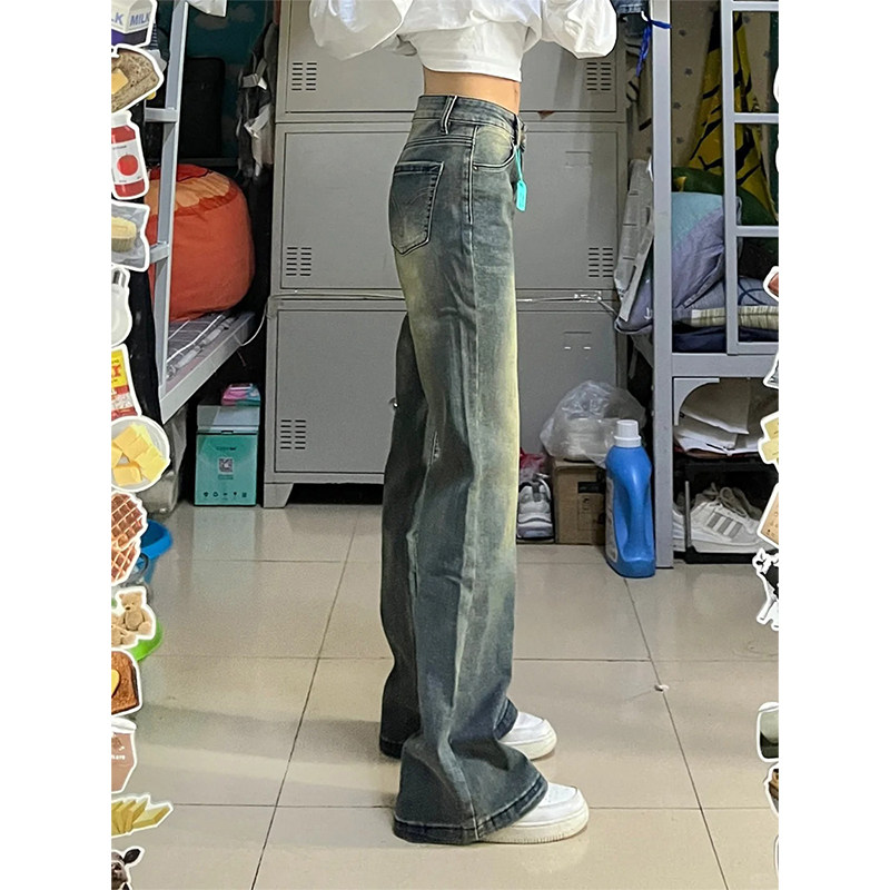 PMORH复古高街加绒水洗微喇叭牛仔裤女秋冬新款低腰显瘦直筒长裤,淘宝优惠券,粉丝福利购,淘宝优惠卷