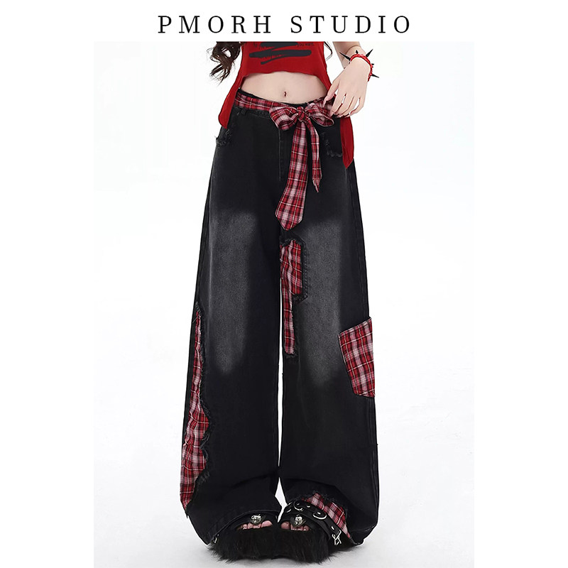 PMORH美式甜酷街头破洞红格牛仔裤女秋冬新款宽松直筒阔腿长裤子,淘宝优惠券,粉丝福利购,淘宝优惠卷
