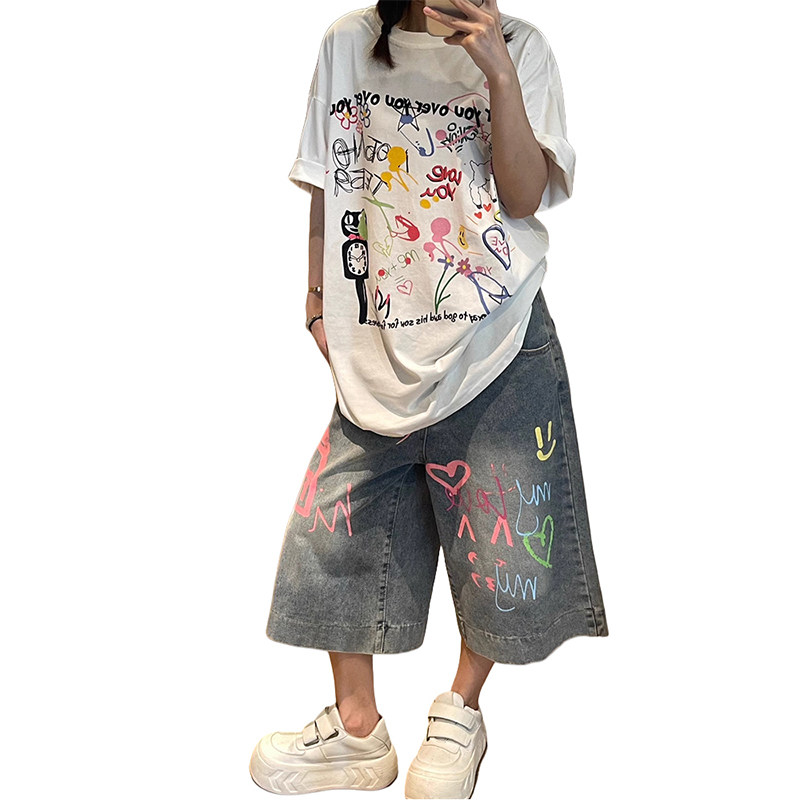 PMORH美式涂鸦设计感牛仔七分裤女2026秋冬新款宽松直筒阔腿中裤,淘宝优惠券,粉丝福利购,淘宝优惠卷