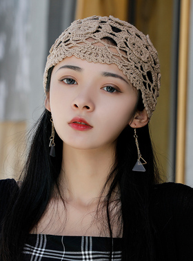 镂空花朵包头帽蕾丝女手工钩花