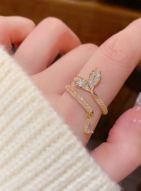 日韩精致时尚百搭满钻鱼尾水滴开口戒个性轻奢简约高级感超闪指环