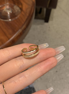 显手细高级感轻奢贝母双层素圈戒指女ins小众设计开口指环气质潮