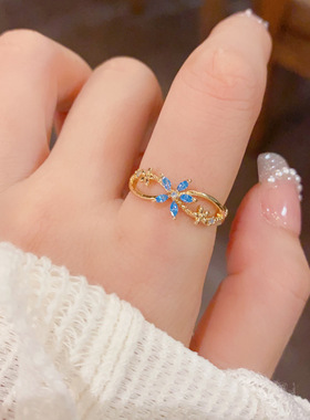 小众气质蓝色小花开口戒时尚设计感百搭高级感甜美百搭食指戒