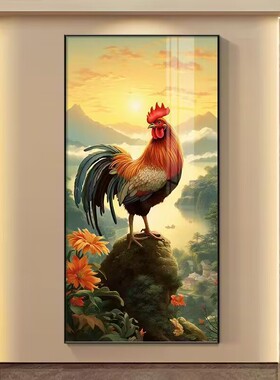 金鸡报晓入户玄关装饰画新中式大公鸡挂画招财风水画走廊过道壁画